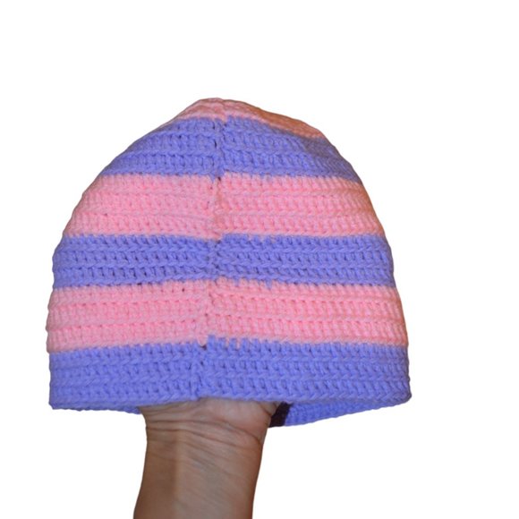 Beanie Hat Knit Crochet Purple Pink Stripes Girls 5-8 y.o. - Picture 2 of 5